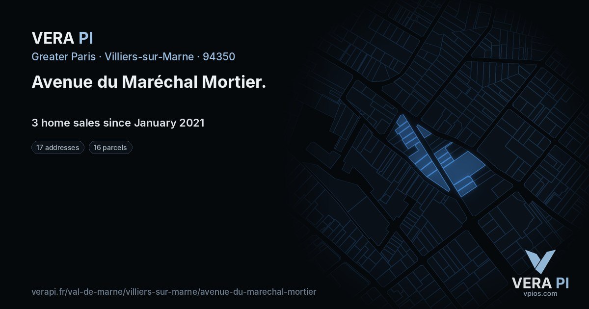Avenue du Maréchal Mortier, Villiers-sur-Marne at night – every parcel coloured by the prices around it, the street's own parcels lit