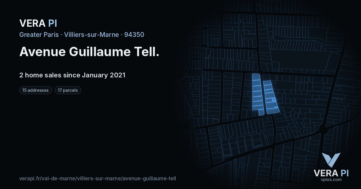 Avenue Guillaume Tell, Villiers-sur-Marne at night – every parcel coloured by the prices around it, the street's own parcels lit