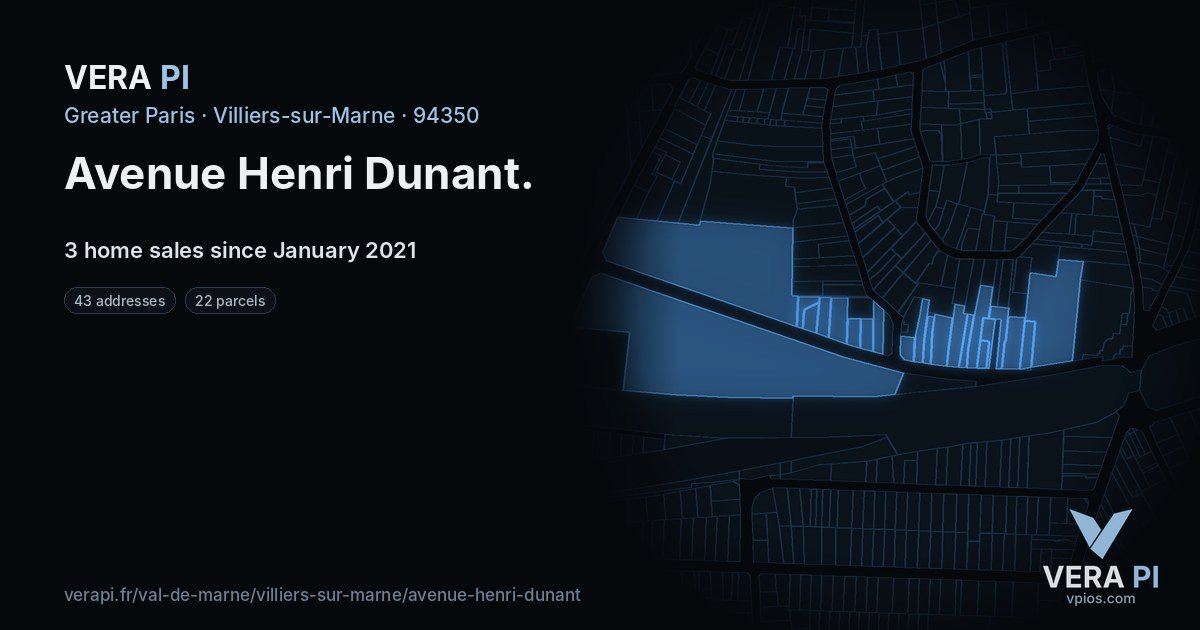 Avenue Henri Dunant, Villiers-sur-Marne at night – every parcel coloured by the prices around it, the street's own parcels lit