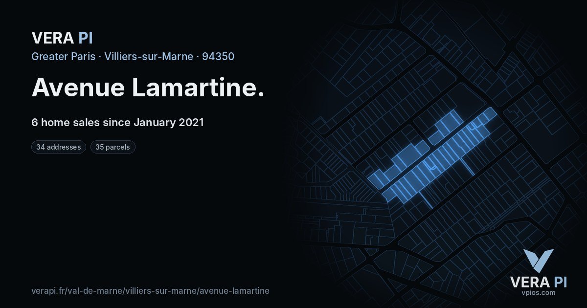 Avenue Lamartine, Villiers-sur-Marne at night – every parcel coloured by the prices around it, the street's own parcels lit