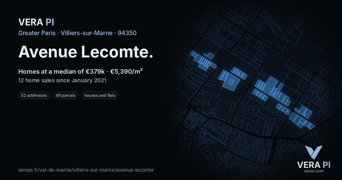 Avenue Lecomte, Villiers-sur-Marne at night – every parcel coloured by the prices around it, the street's own parcels lit