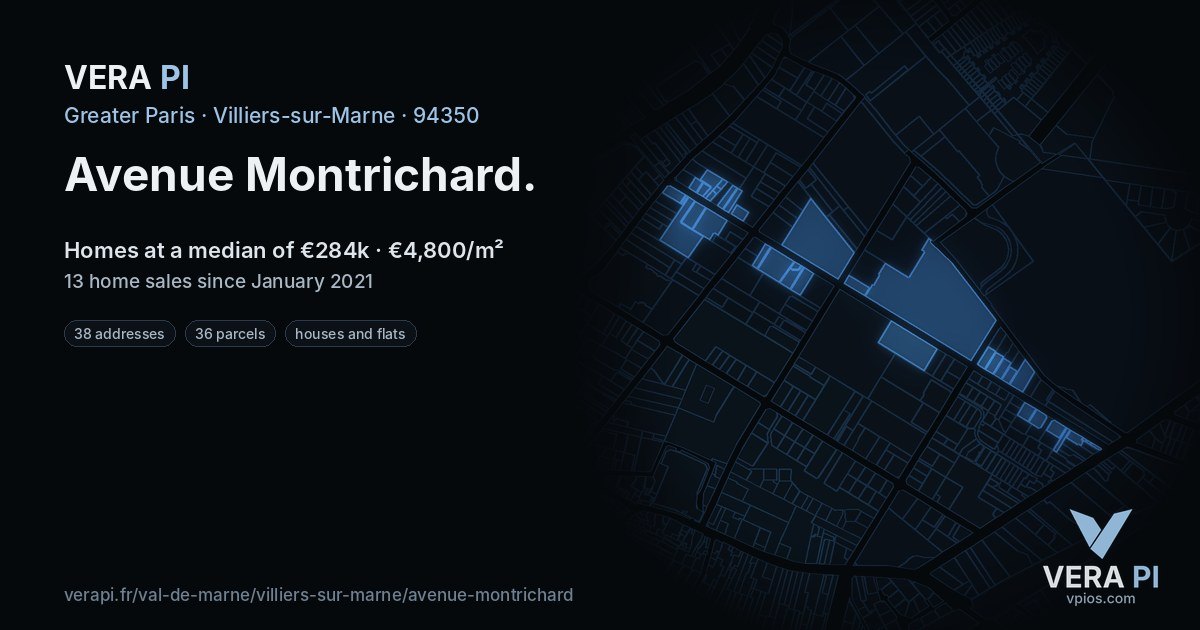 Avenue Montrichard, Villiers-sur-Marne at night – every parcel coloured by the prices around it, the street's own parcels lit
