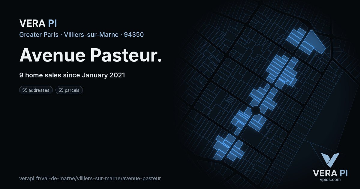 Avenue Pasteur, Villiers-sur-Marne at night – every parcel coloured by the prices around it, the street's own parcels lit