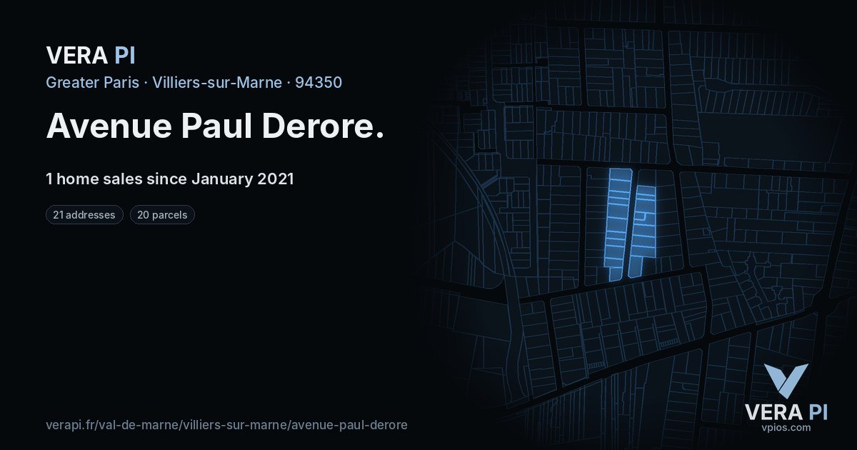 Avenue Paul Derore, Villiers-sur-Marne at night – every parcel coloured by the prices around it, the street's own parcels lit