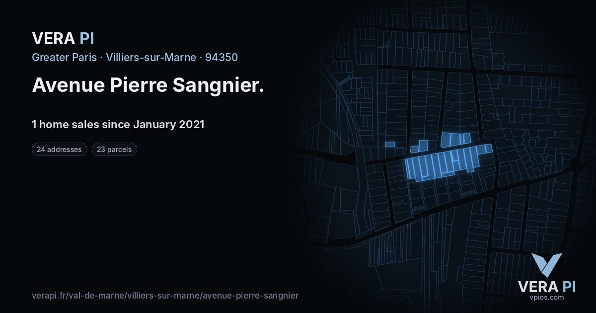 Avenue Pierre Sangnier, Villiers-sur-Marne at night – every parcel coloured by the prices around it, the street's own parcels lit