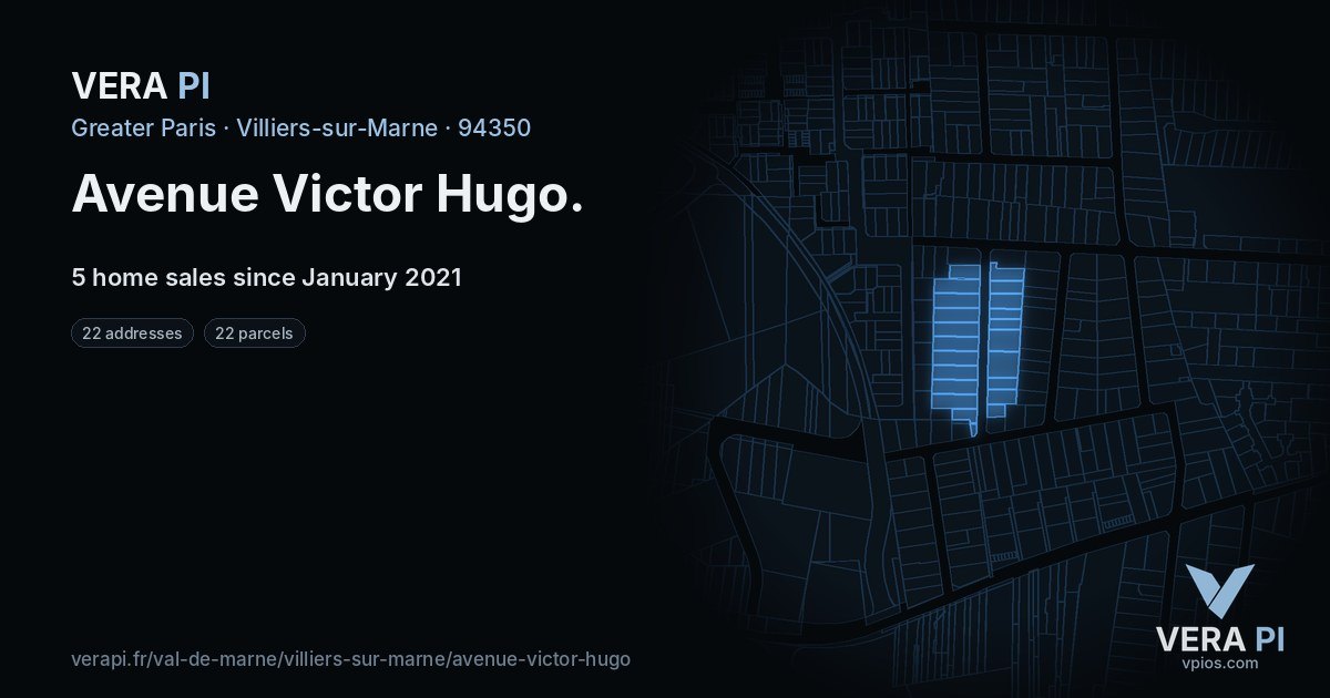 Avenue Victor Hugo, Villiers-sur-Marne at night – every parcel coloured by the prices around it, the street's own parcels lit