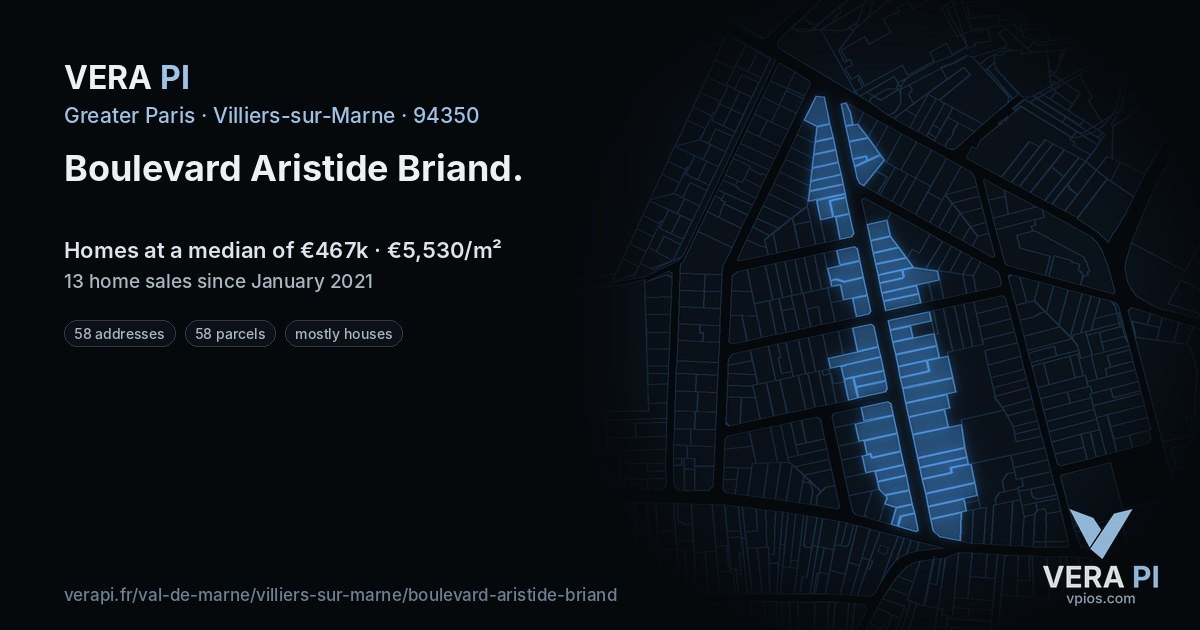 Boulevard Aristide Briand, Villiers-sur-Marne at night – every parcel coloured by the prices around it, the street's own parcels lit