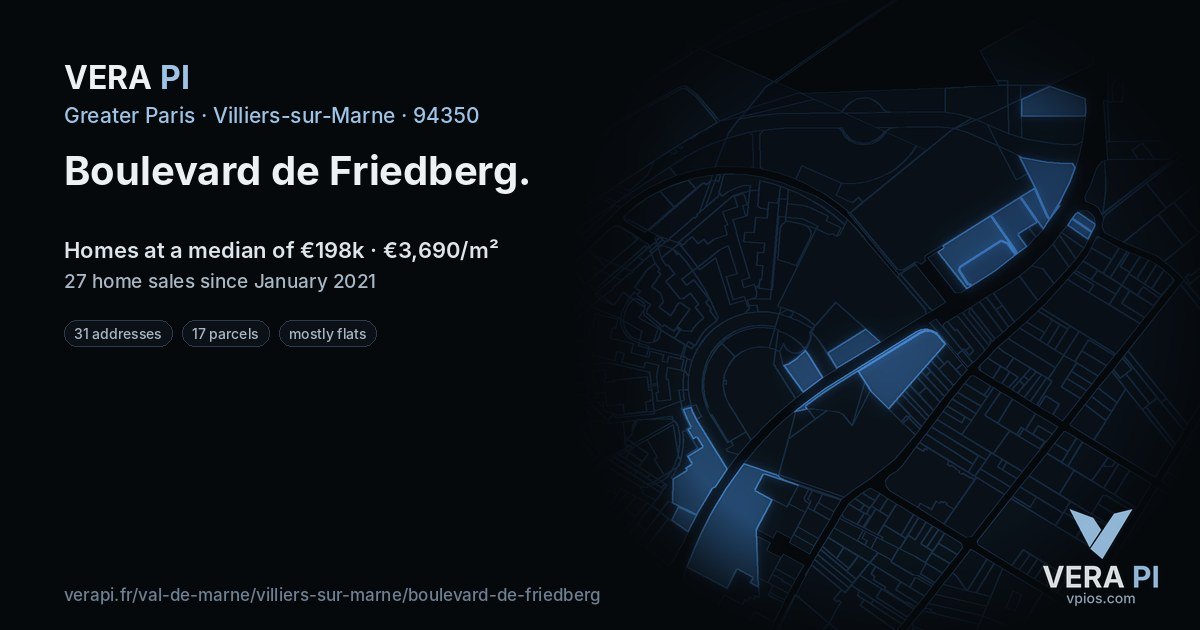Boulevard de Friedberg, Villiers-sur-Marne at night – every parcel coloured by the prices around it, the street's own parcels lit