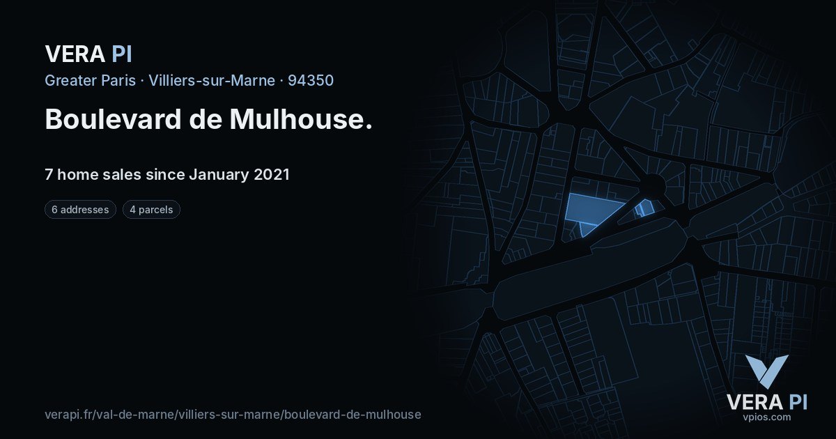 Boulevard de Mulhouse, Villiers-sur-Marne at night – every parcel coloured by the prices around it, the street's own parcels lit
