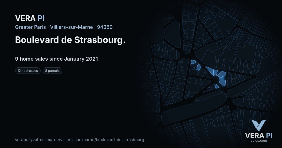 Boulevard de Strasbourg, Villiers-sur-Marne at night – every parcel coloured by the prices around it, the street's own parcels lit