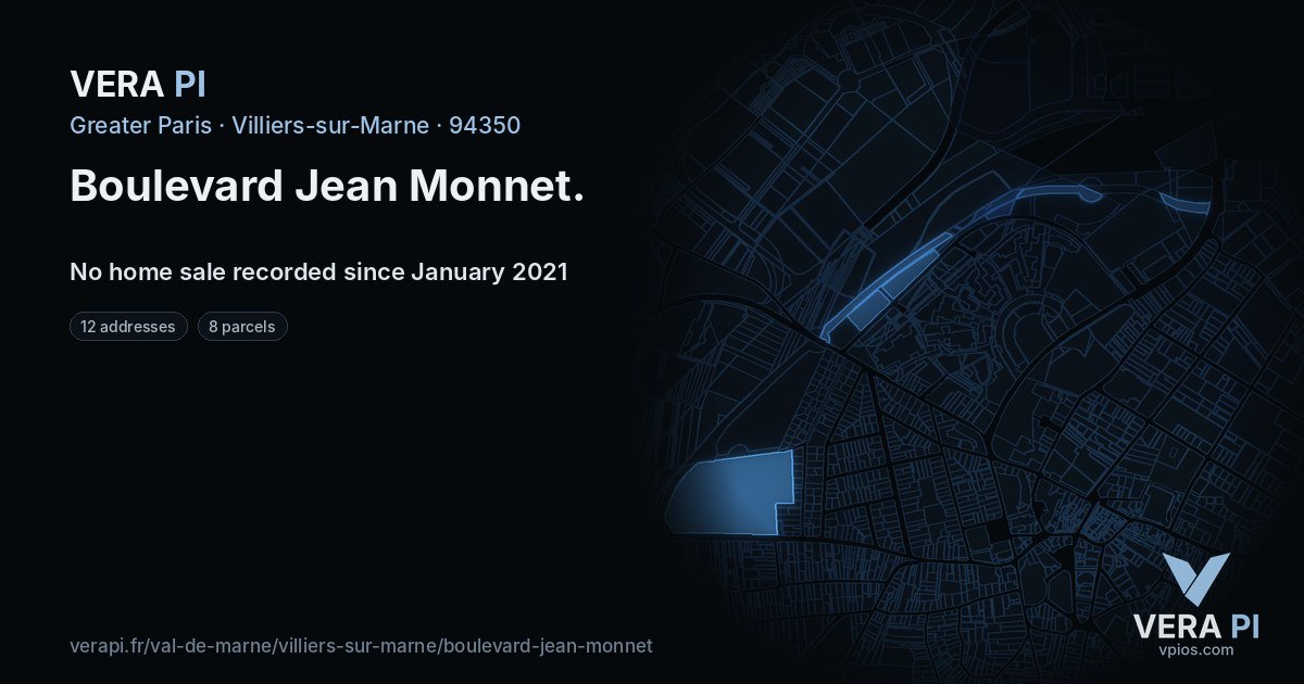 Boulevard Jean Monnet, Villiers-sur-Marne at night – every parcel coloured by the prices around it, the street's own parcels lit
