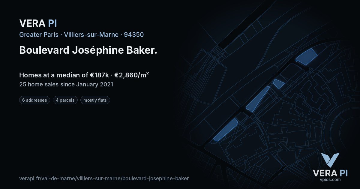 Boulevard Joséphine Baker, Villiers-sur-Marne at night – every parcel coloured by the prices around it, the street's own parcels lit