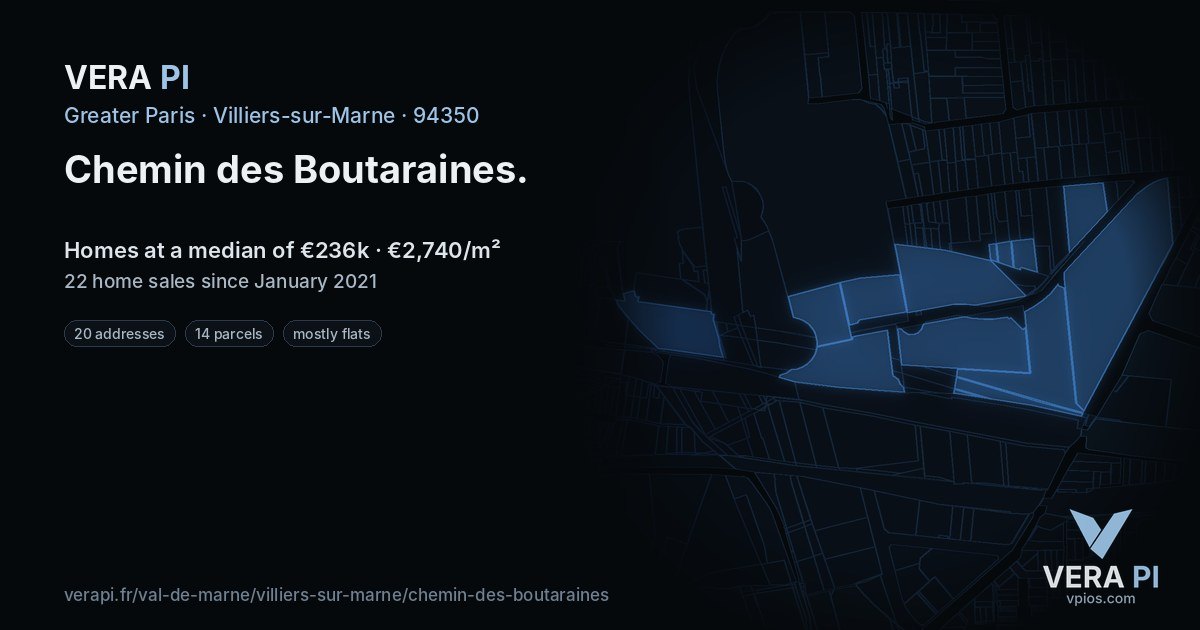Chemin des Boutaraines, Villiers-sur-Marne at night – every parcel coloured by the prices around it, the street's own parcels lit