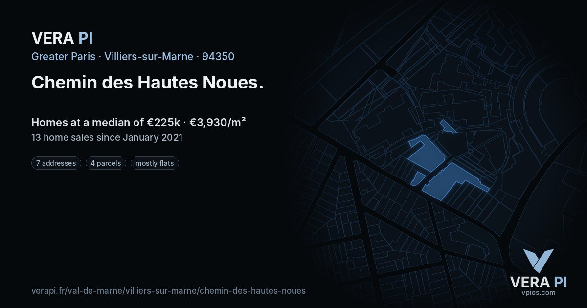 Chemin des Hautes Noues, Villiers-sur-Marne at night – every parcel coloured by the prices around it, the street's own parcels lit