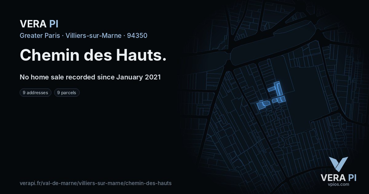 Chemin des Hauts, Villiers-sur-Marne at night – every parcel coloured by the prices around it, the street's own parcels lit