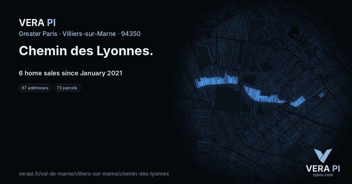 Chemin des Lyonnes, Villiers-sur-Marne at night – every parcel coloured by the prices around it, the street's own parcels lit