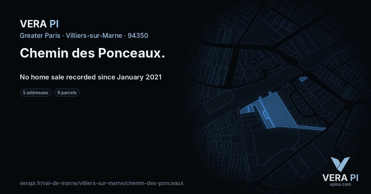 Chemin des Ponceaux, Villiers-sur-Marne at night – every parcel coloured by the prices around it, the street's own parcels lit