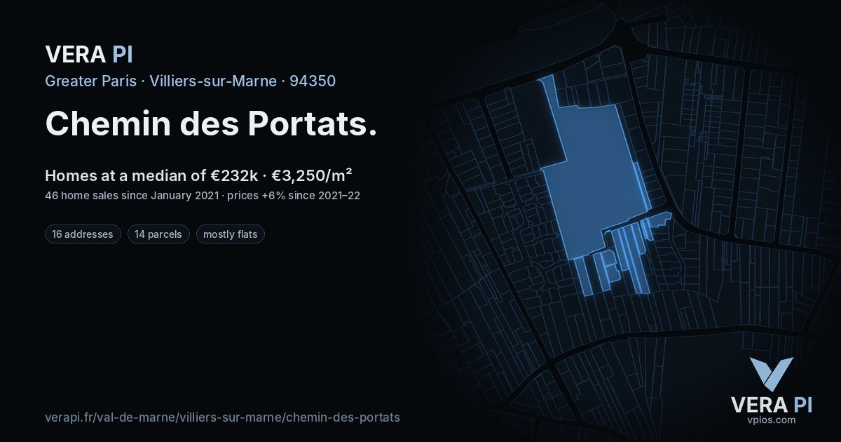Chemin des Portats, Villiers-sur-Marne at night – every parcel coloured by the prices around it, the street's own parcels lit
