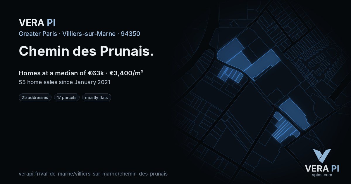 Chemin des Prunais, Villiers-sur-Marne at night – every parcel coloured by the prices around it, the street's own parcels lit
