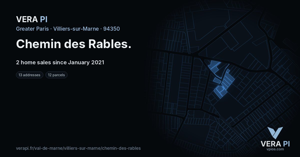 Chemin des Rables, Villiers-sur-Marne at night – every parcel coloured by the prices around it, the street's own parcels lit