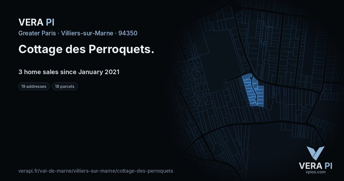Cottage des Perroquets, Villiers-sur-Marne at night – every parcel coloured by the prices around it, the street's own parcels lit