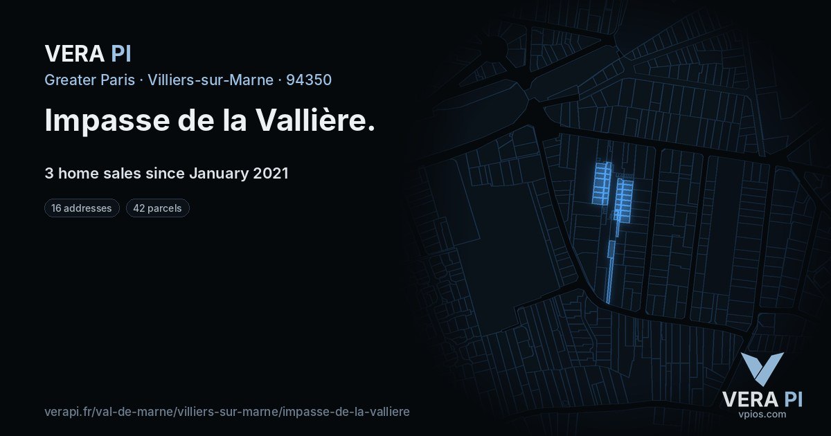 Impasse de la Vallière, Villiers-sur-Marne at night – every parcel coloured by the prices around it, the street's own parcels lit