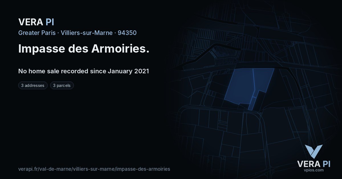 Impasse des Armoiries, Villiers-sur-Marne at night – every parcel coloured by the prices around it, the street's own parcels lit