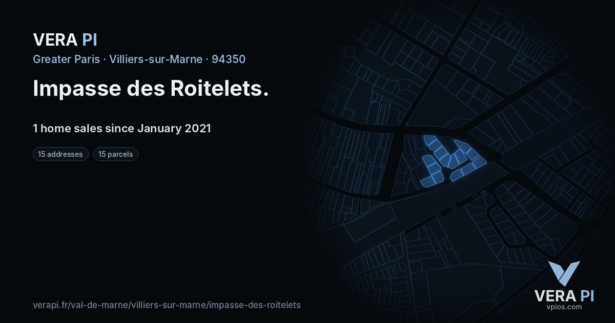 Impasse des Roitelets, Villiers-sur-Marne at night – every parcel coloured by the prices around it, the street's own parcels lit