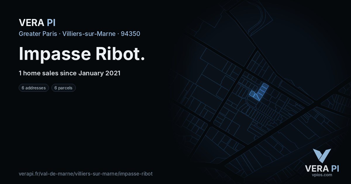 Impasse Ribot, Villiers-sur-Marne at night – every parcel coloured by the prices around it, the street's own parcels lit