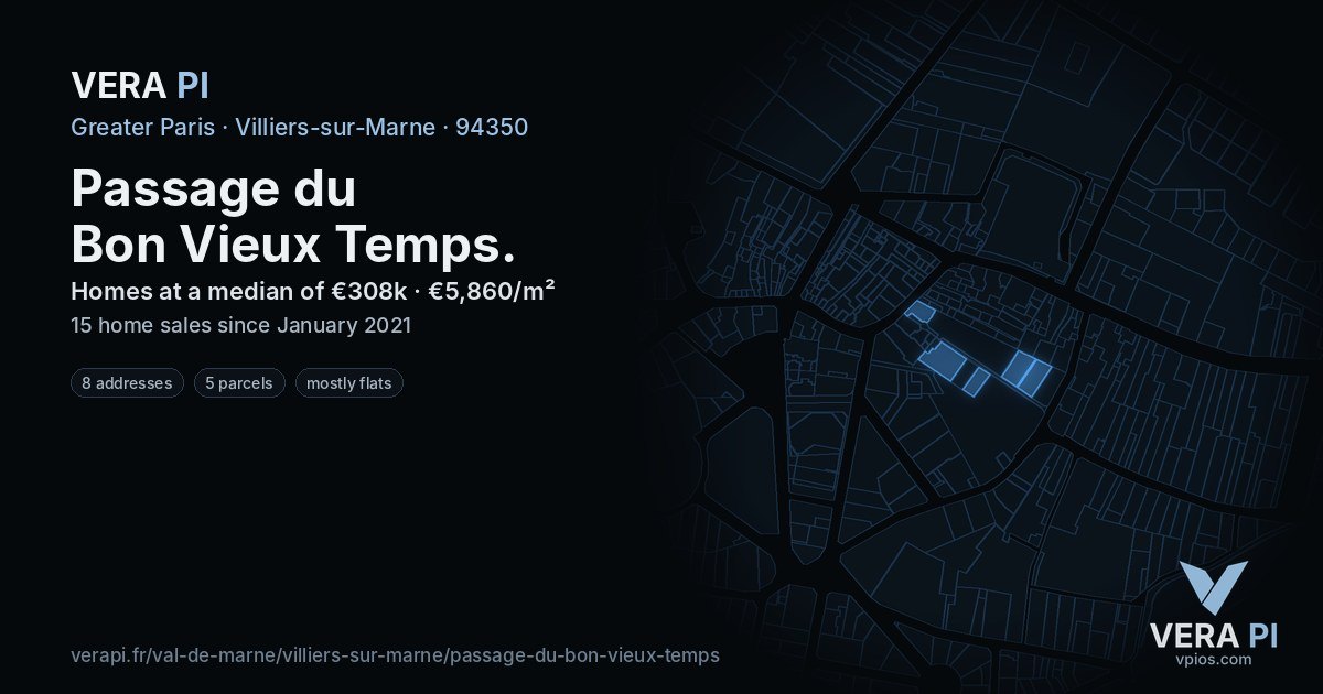 Passage du Bon Vieux Temps, Villiers-sur-Marne at night – every parcel coloured by the prices around it, the street's own parcels lit