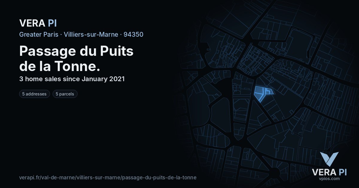 Passage du Puits de la Tonne, Villiers-sur-Marne at night – every parcel coloured by the prices around it, the street's own parcels lit