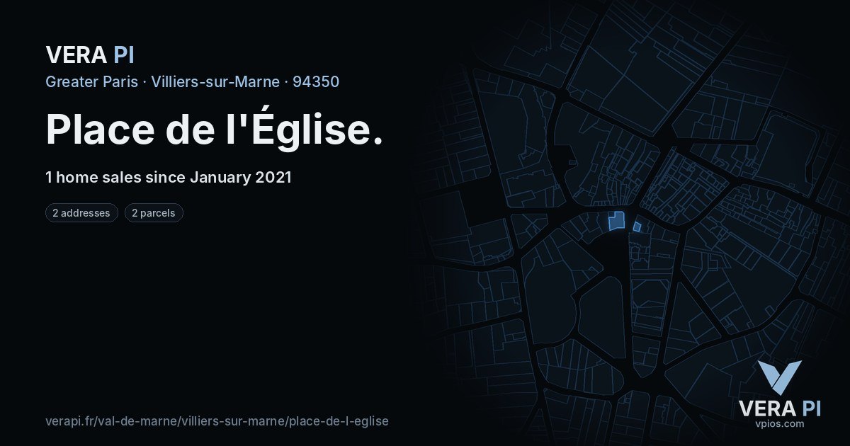 Place de l'Église, Villiers-sur-Marne at night – every parcel coloured by the prices around it, the street's own parcels lit