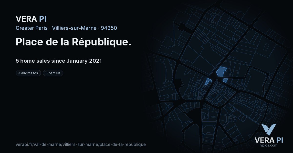 Place de la République, Villiers-sur-Marne at night – every parcel coloured by the prices around it, the street's own parcels lit