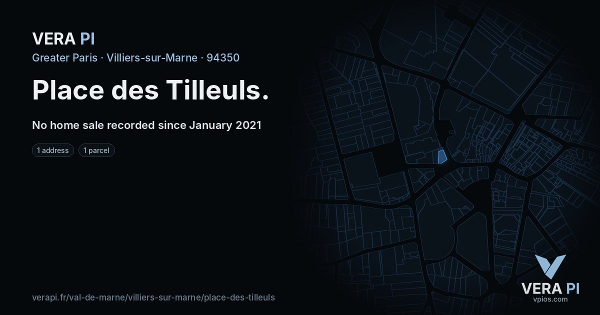 Place des Tilleuls, Villiers-sur-Marne at night – every parcel coloured by the prices around it, the street's own parcels lit