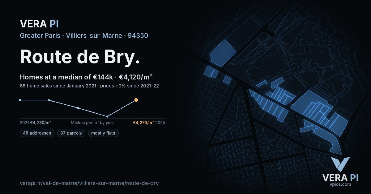 Route de Bry, Villiers-sur-Marne at night – every parcel coloured by the prices around it, the street's own parcels lit