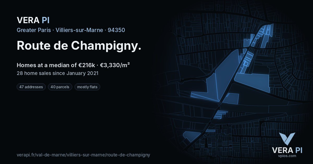 Route de Champigny, Villiers-sur-Marne at night – every parcel coloured by the prices around it, the street's own parcels lit