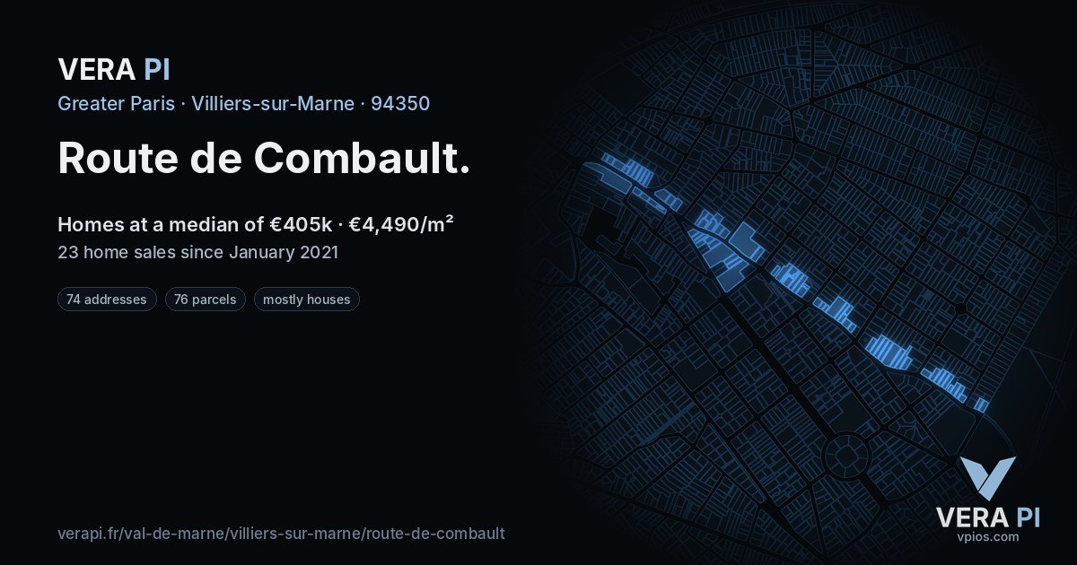 Route de Combault, Villiers-sur-Marne at night – every parcel coloured by the prices around it, the street's own parcels lit