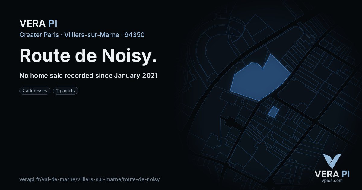 Route de Noisy, Villiers-sur-Marne at night – every parcel coloured by the prices around it, the street's own parcels lit