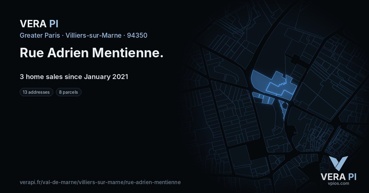Rue Adrien Mentienne, Villiers-sur-Marne at night – every parcel coloured by the prices around it, the street's own parcels lit