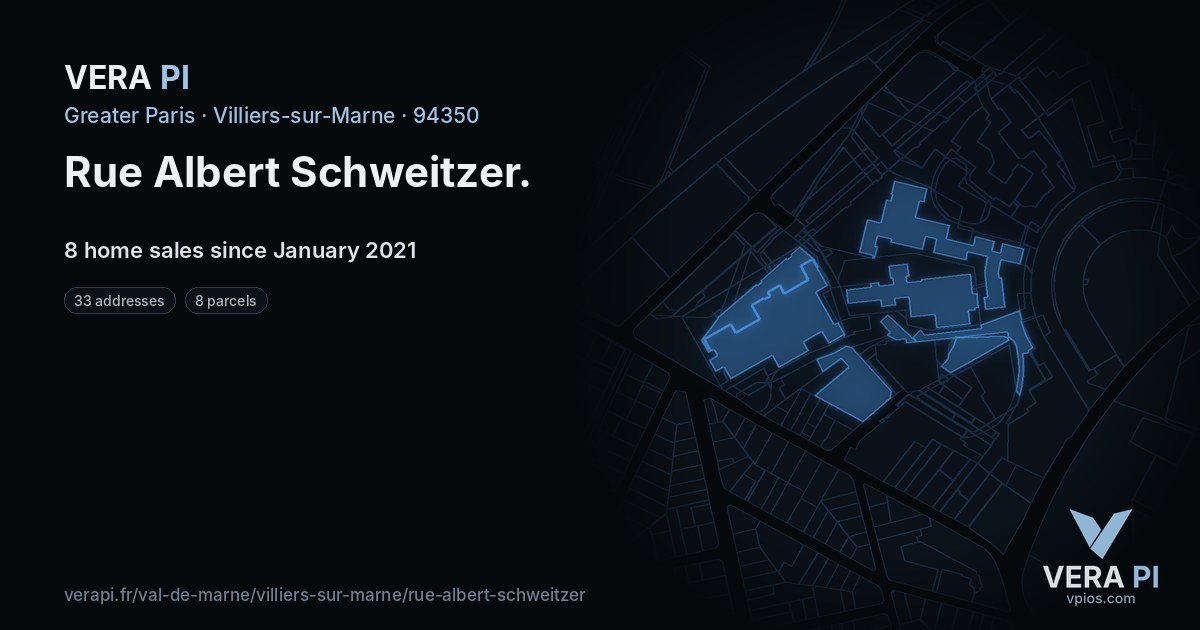 Rue Albert Schweitzer, Villiers-sur-Marne at night – every parcel coloured by the prices around it, the street's own parcels lit