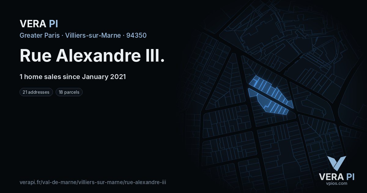 Rue Alexandre III, Villiers-sur-Marne at night – every parcel coloured by the prices around it, the street's own parcels lit