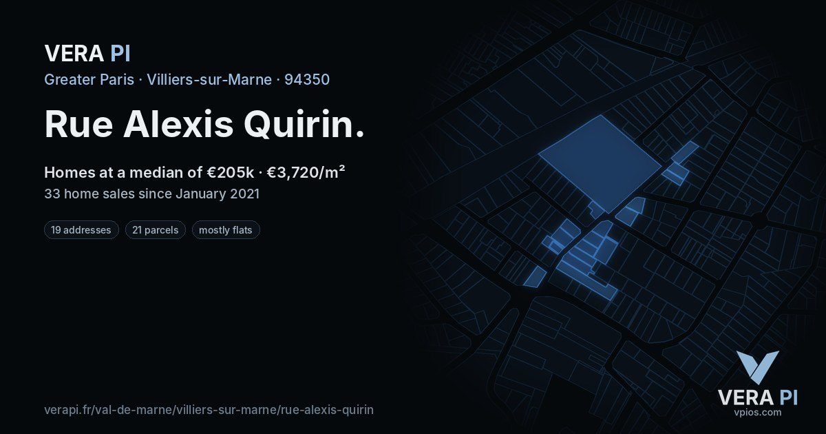 Rue Alexis Quirin, Villiers-sur-Marne at night – every parcel coloured by the prices around it, the street's own parcels lit