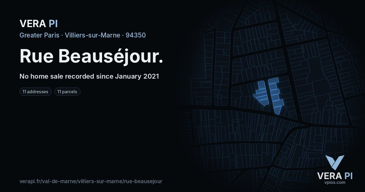 Rue Beauséjour, Villiers-sur-Marne at night – every parcel coloured by the prices around it, the street's own parcels lit