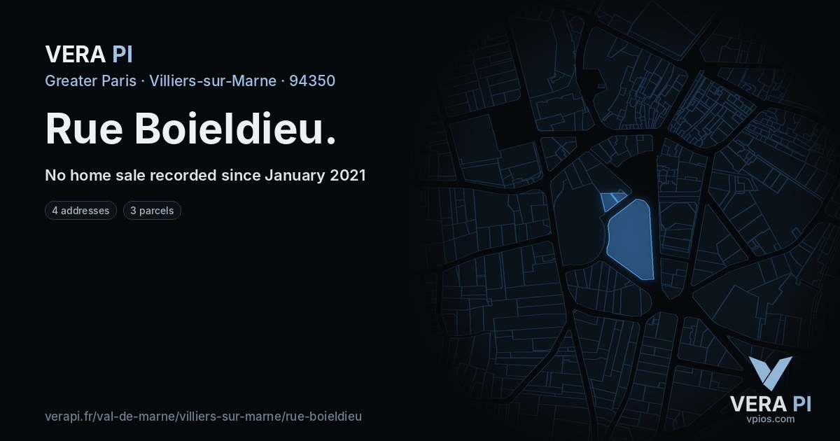 Rue Boieldieu, Villiers-sur-Marne at night – every parcel coloured by the prices around it, the street's own parcels lit