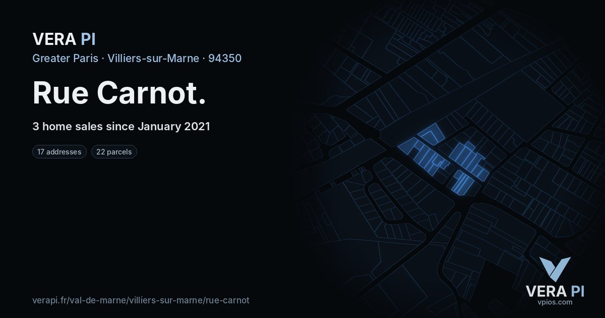 Rue Carnot, Villiers-sur-Marne at night – every parcel coloured by the prices around it, the street's own parcels lit