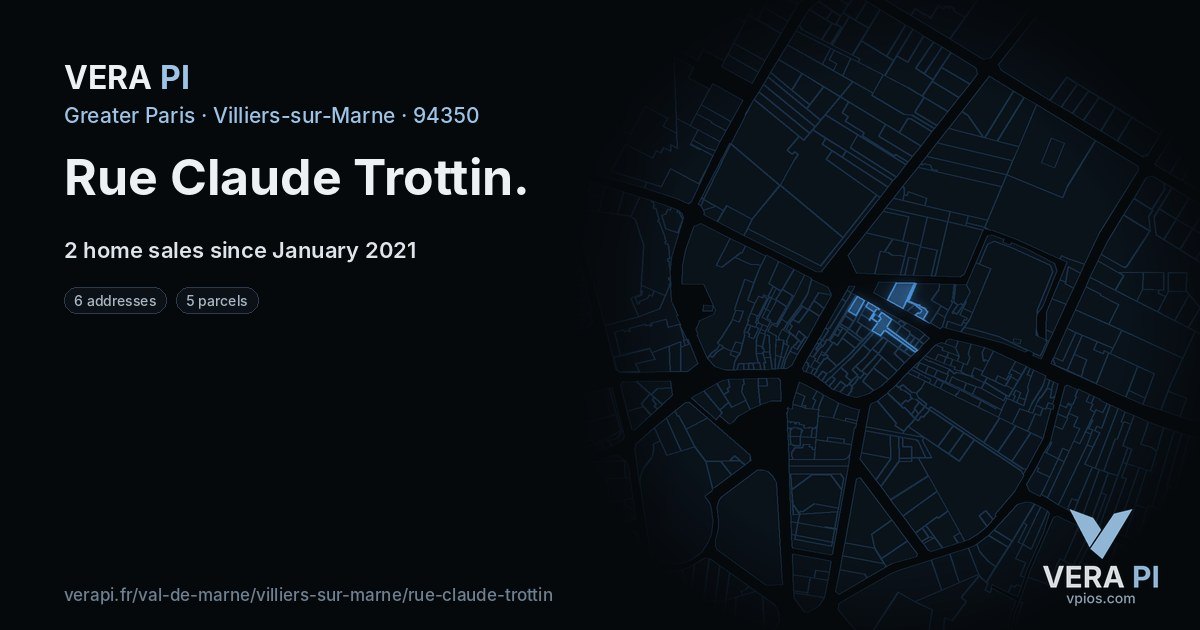 Rue Claude Trottin, Villiers-sur-Marne at night – every parcel coloured by the prices around it, the street's own parcels lit