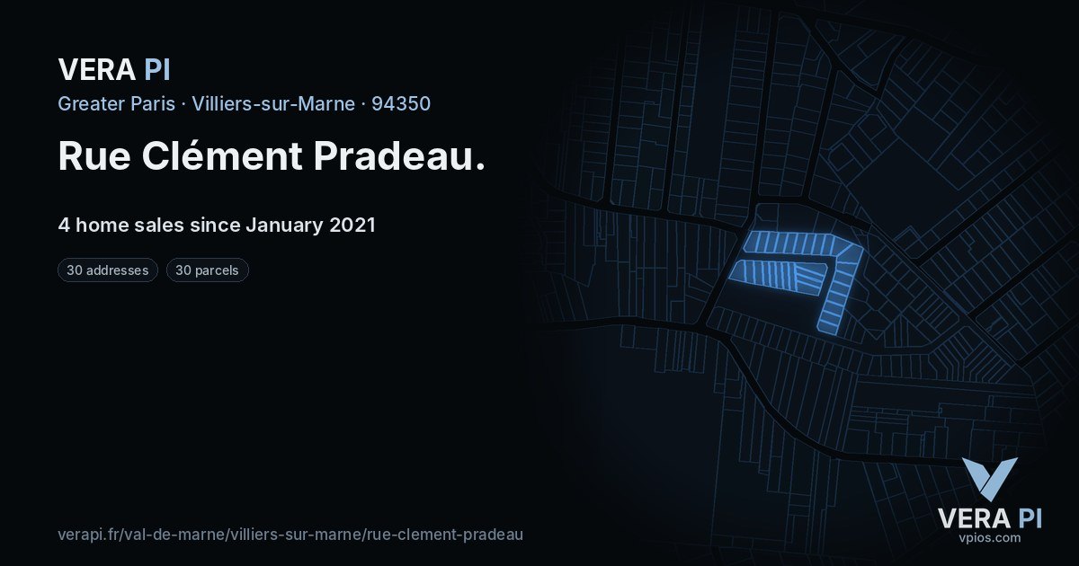 Rue Clément Pradeau, Villiers-sur-Marne at night – every parcel coloured by the prices around it, the street's own parcels lit
