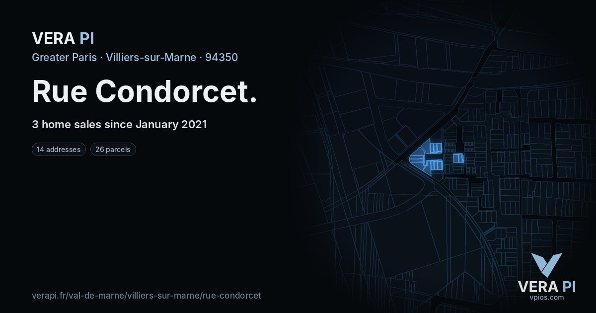 Rue Condorcet, Villiers-sur-Marne at night – every parcel coloured by the prices around it, the street's own parcels lit