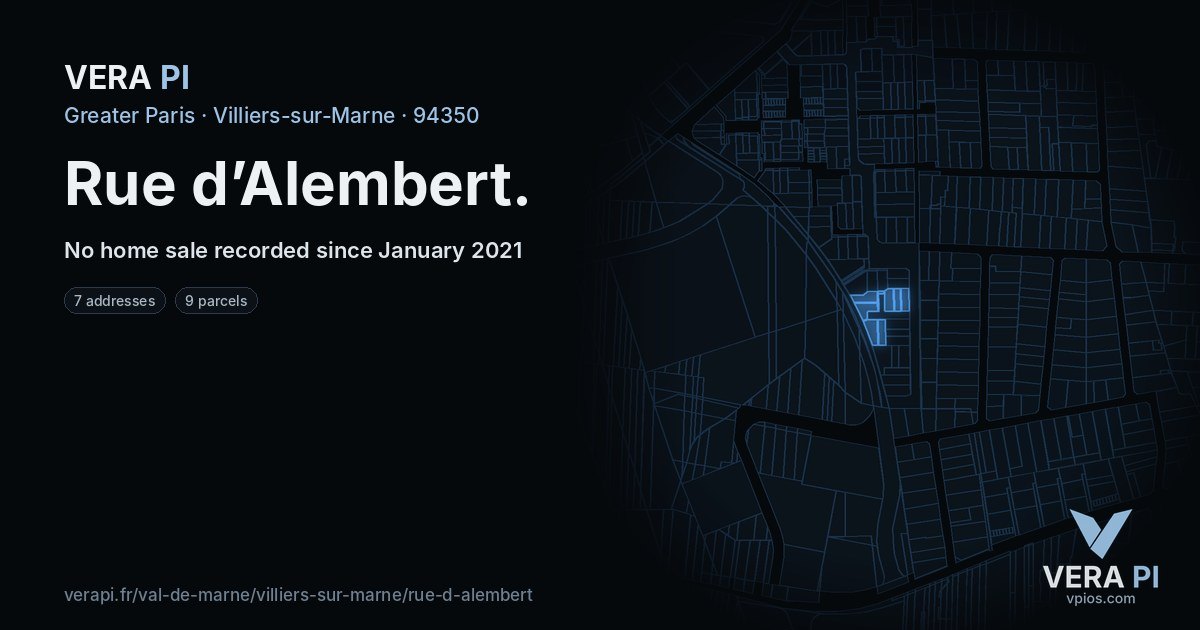 Rue d’Alembert, Villiers-sur-Marne at night – every parcel coloured by the prices around it, the street's own parcels lit