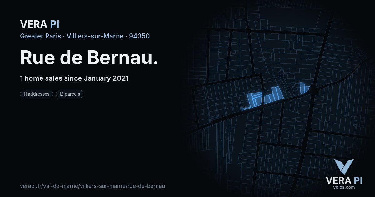 Rue de Bernau, Villiers-sur-Marne at night – every parcel coloured by the prices around it, the street's own parcels lit